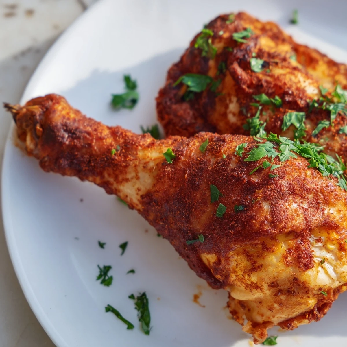Golden roasted paprika chicken legs with crispy, seasoned skin on a white baking sheet