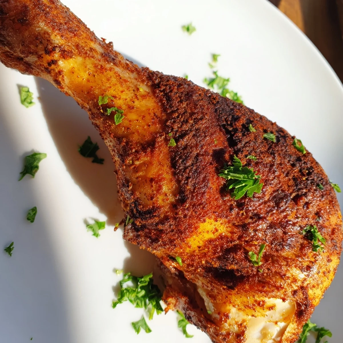 Tender juicy paprika chicken legs garnished with fresh parsley and lemon wedges on a plate