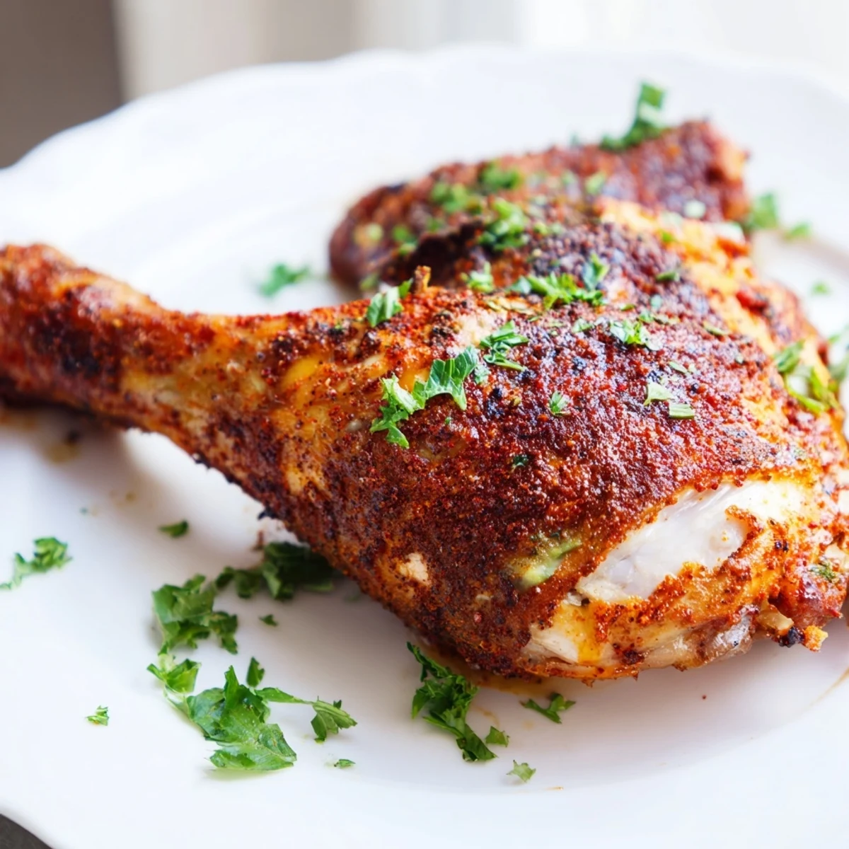 Four whole paprika chicken legs arranged skin-side up with reddish spice coating on parchment paper