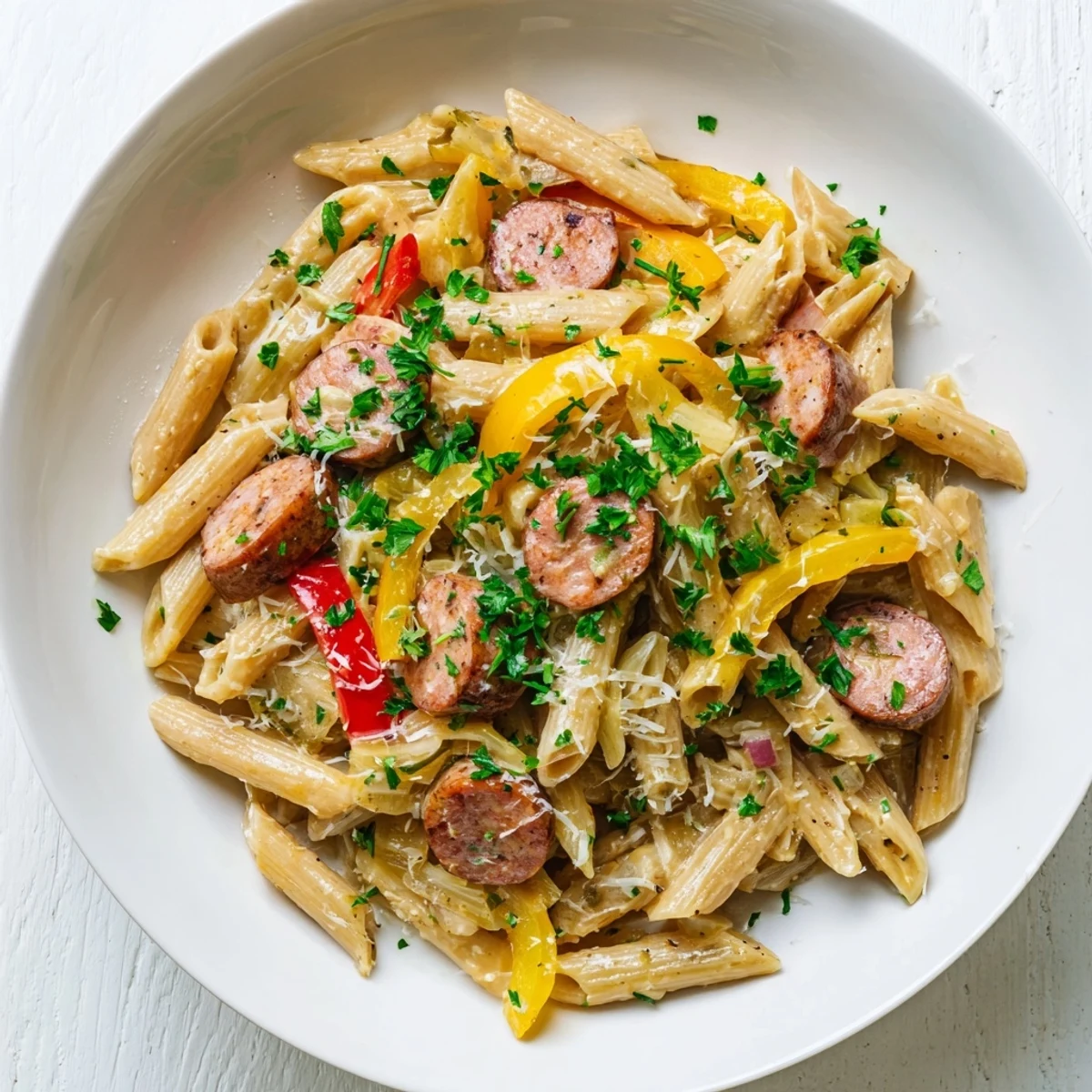 One Pot Creamy Cajun Sausage Pasta featuring smoky sliced andouille in a rich spicy white sauce
