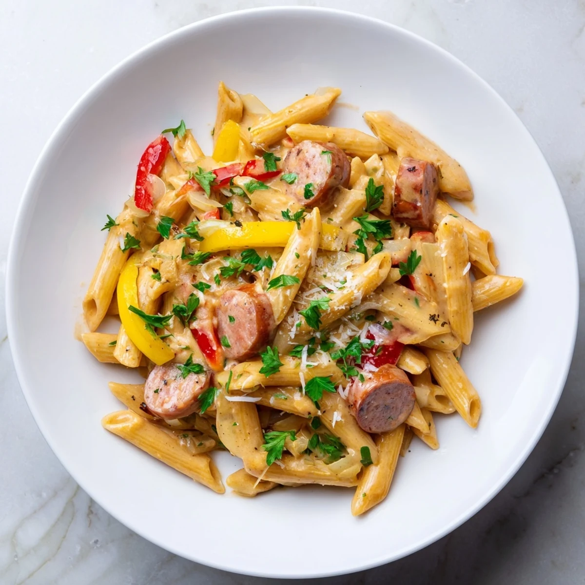 Creamy Cajun Sausage Pasta served in a deep bowl with red bell peppers and parsley garnish