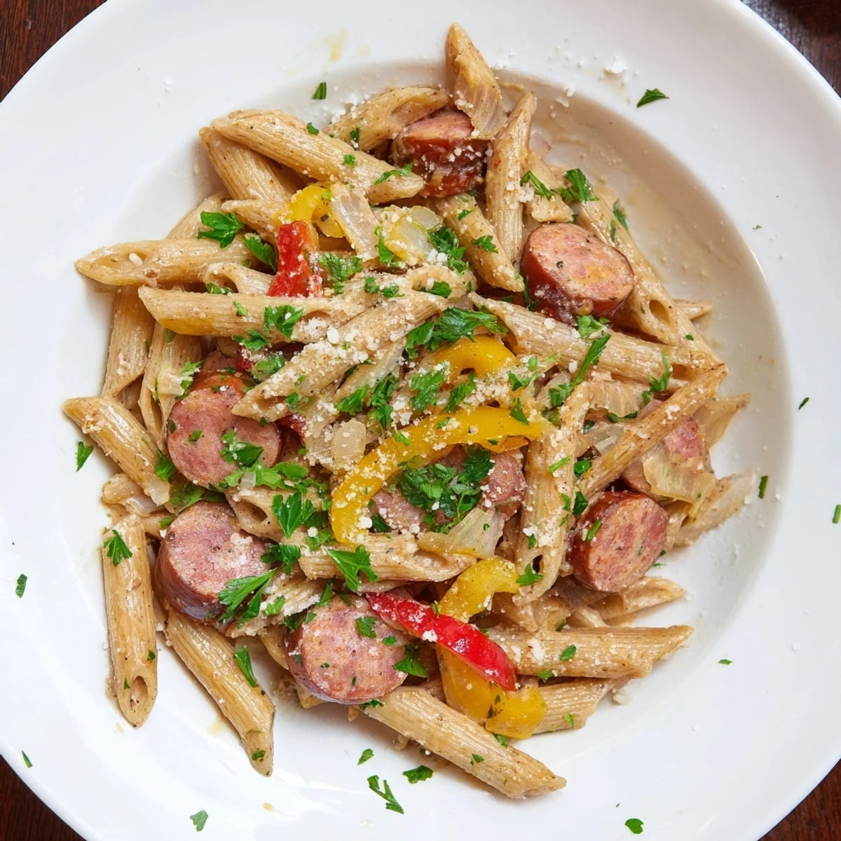 Steaming One Pot Creamy Cajun Sausage Pasta with tender penne coated in a thick Parmesan-spiced sauce