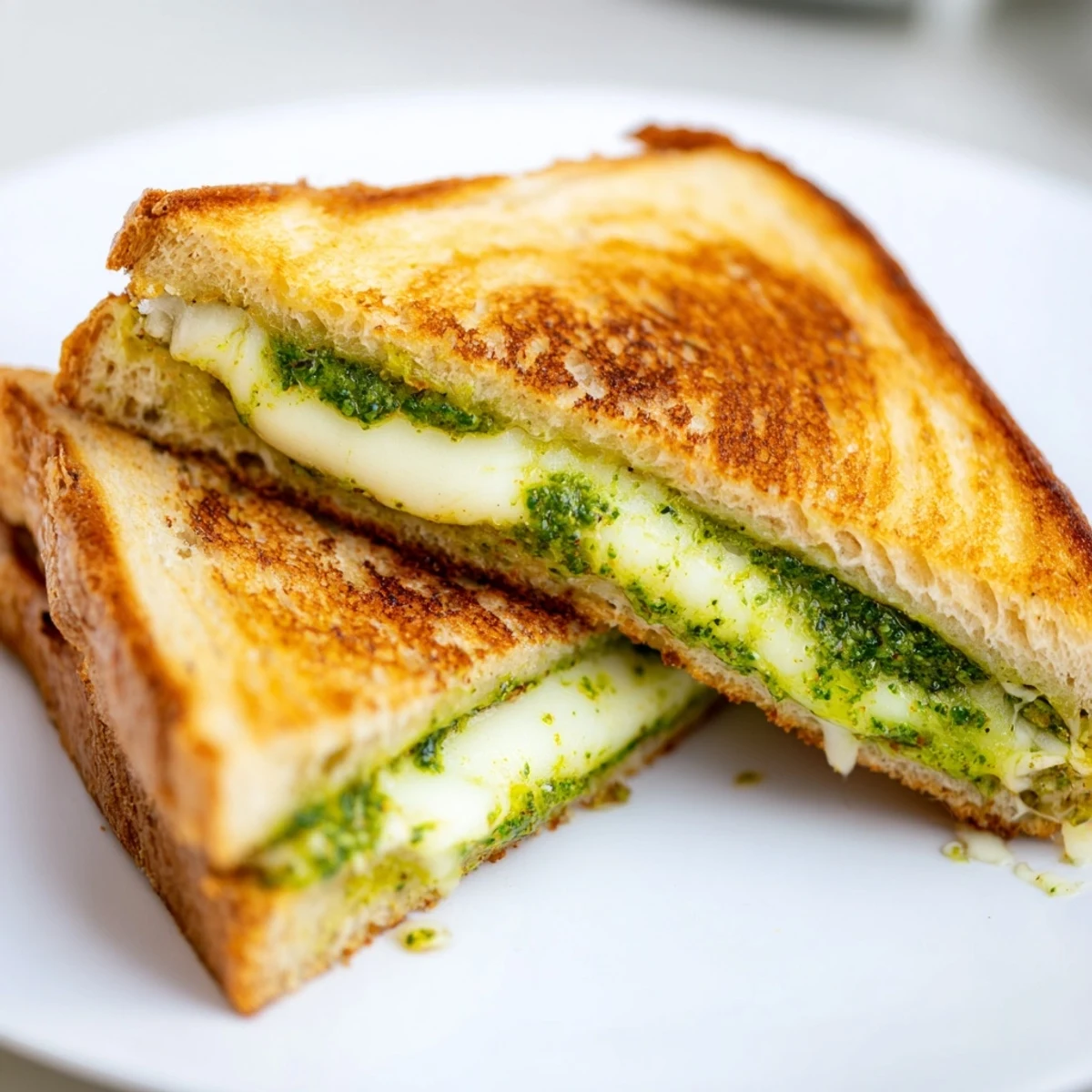 Golden brown pesto grilled cheese sandwich with melted mozzarella oozing from buttery sourdough bread
