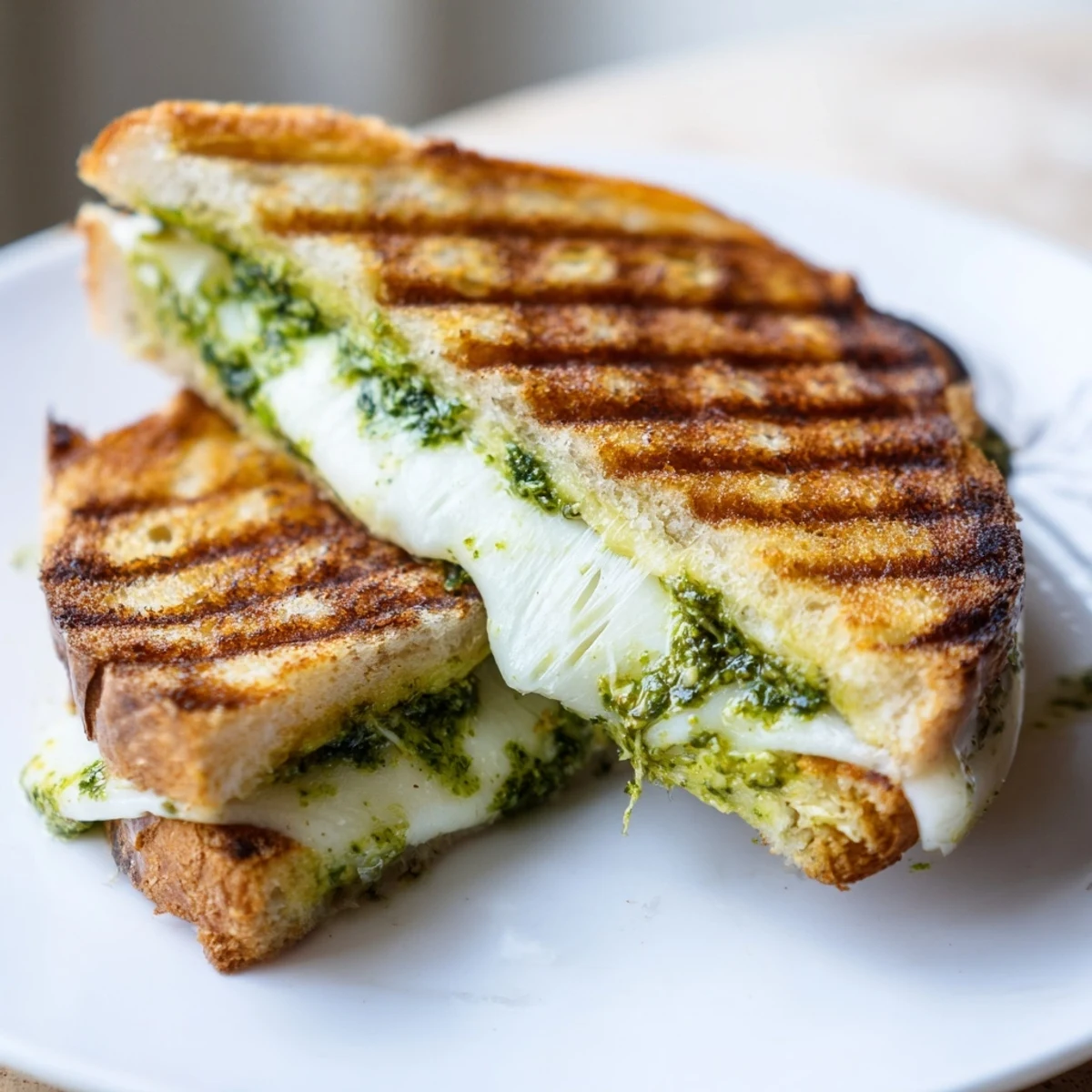 Close-up of gourmet pesto grilled cheese sandwich cut diagonally revealing gooey green basil and cheese layers