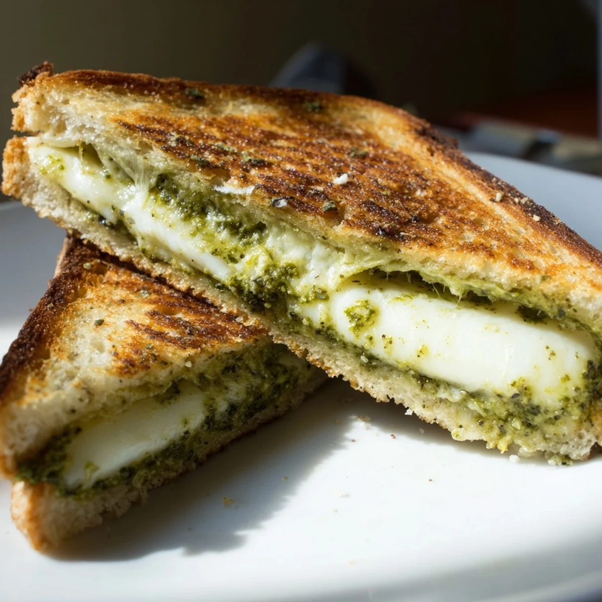 Sliced pesto grilled cheese on white plate showcasing vibrant green pesto and golden crispy sourdough exterior