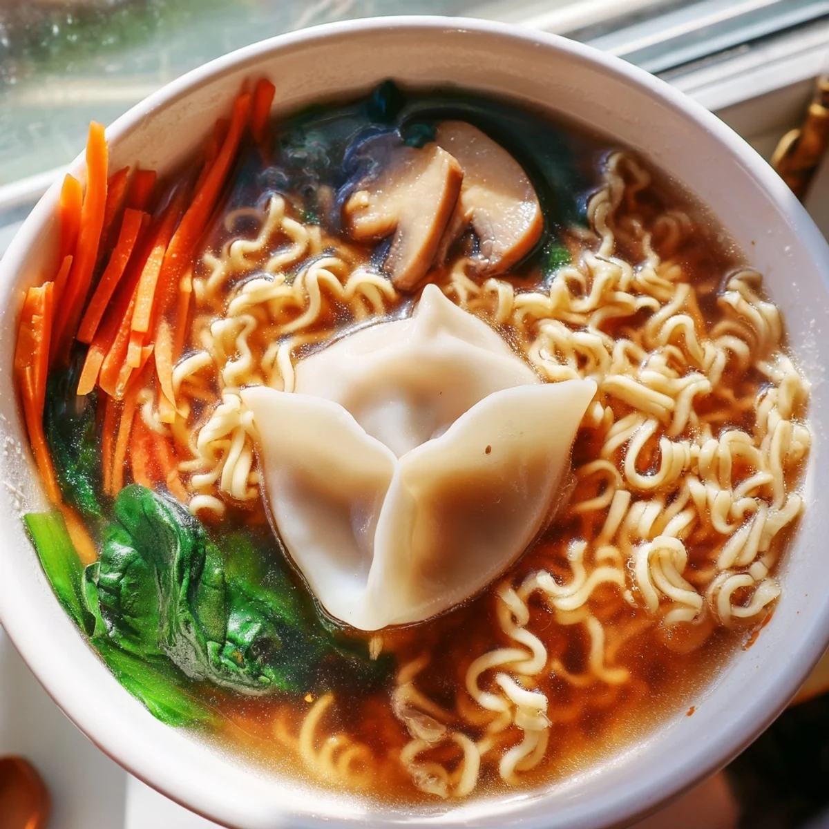 Hearty ramen bowl filled with dumplings, mushrooms, and julienned carrots swimming in aromatic miso-infused broth