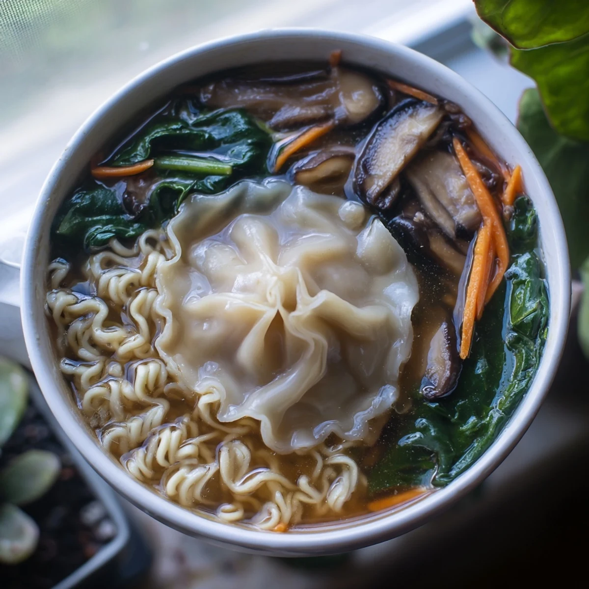 Comforting Asian fusion noodle soup featuring plump dumplings, crisp vegetables, and garnishes of sesame seeds and green onions