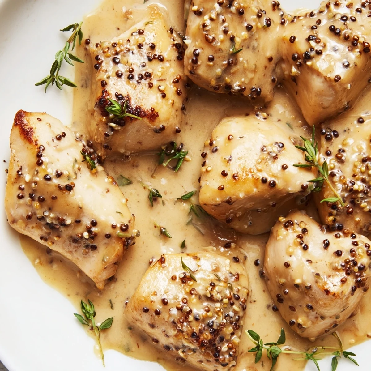 Golden seared chicken breasts resting in a rich creamy Dijon mustard sauce with fresh parsley garnish