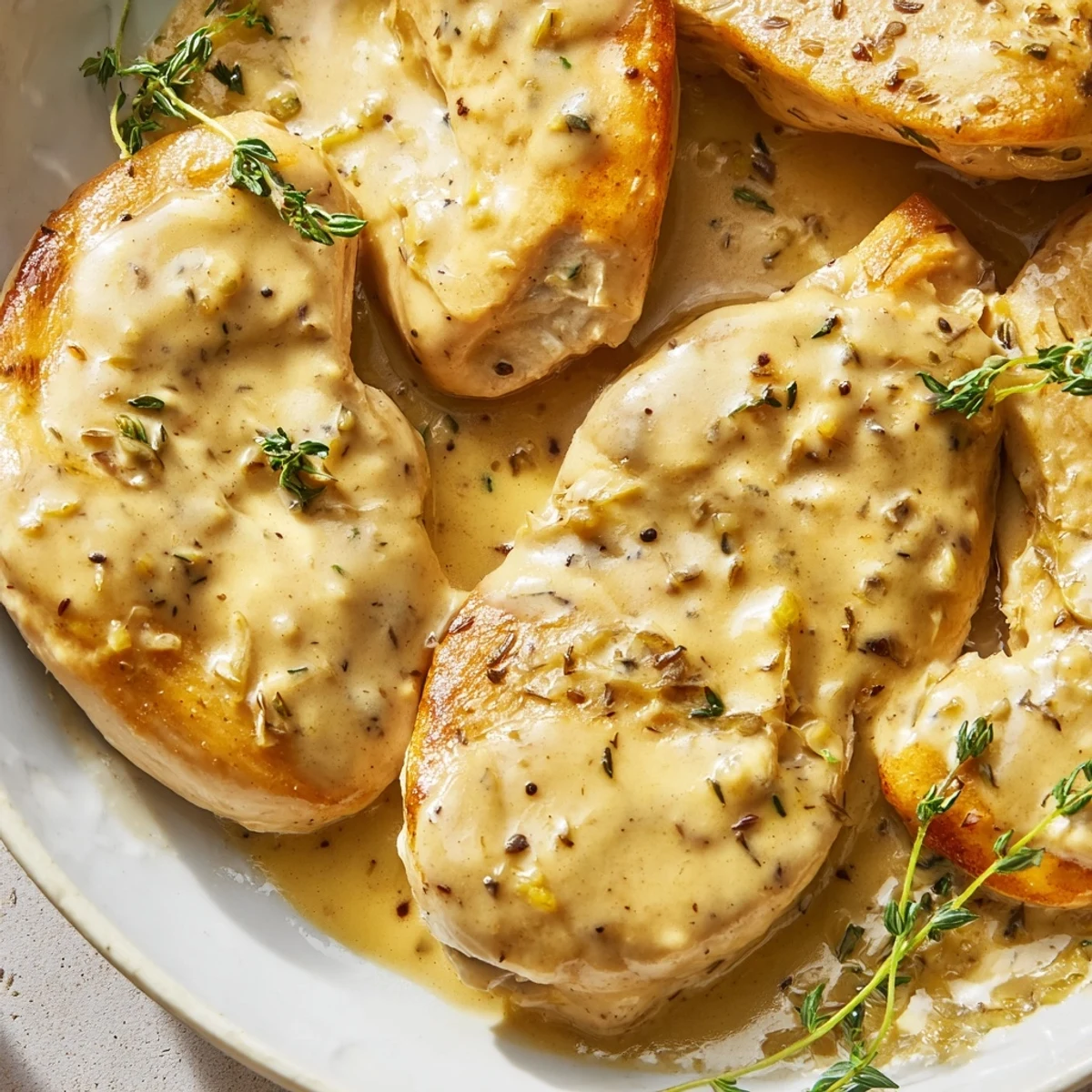 Creamy French mustard chicken plated with luscious golden sauce and freshly chopped green parsley sprinkled on top