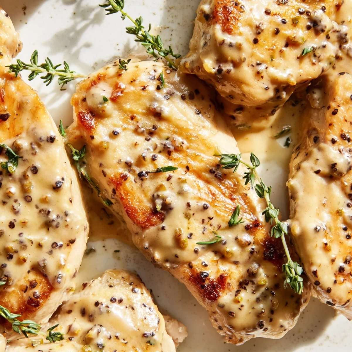 Tender pan-seared chicken swimming in a velvety white wine and Dijon mustard cream sauce finished with herbs