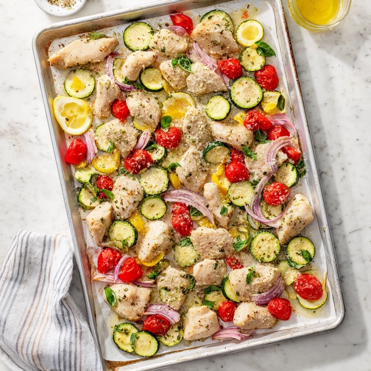 Golden Sheet Pan Italian Chicken with zucchini and tomatoes roasted with herbs