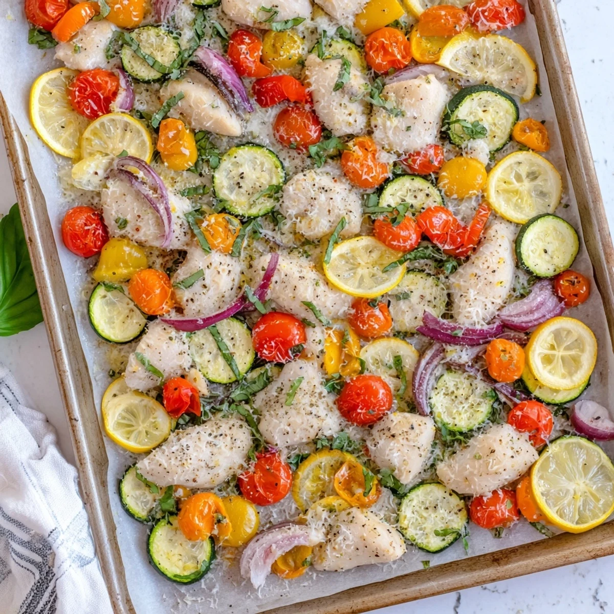 Juicy chicken breasts nestled among roasted zucchini cherry tomatoes and Italian seasoning