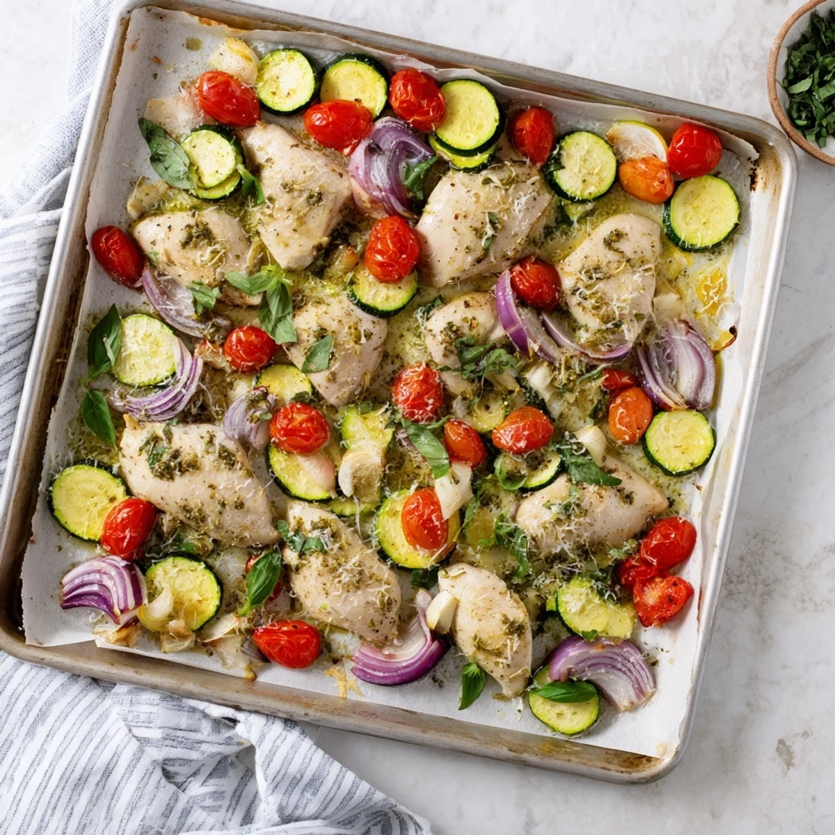 One pan meal featuring tender Italian chicken with colorful vegetables and Parmesan
