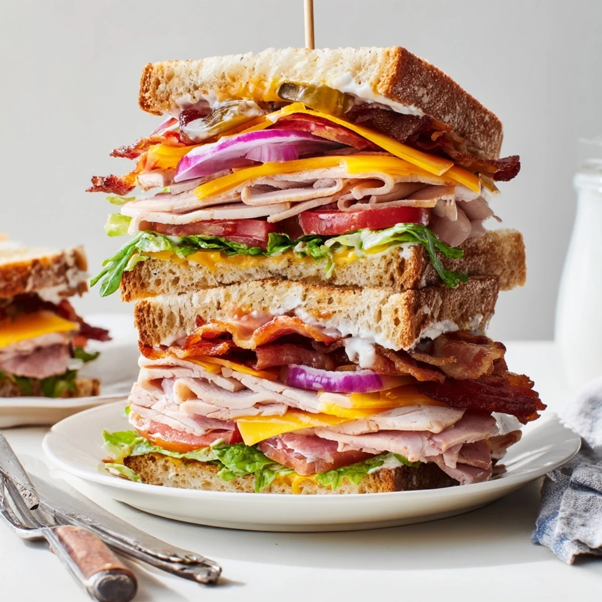 Hearty ultimate turkey beef bacon ranch sandwich cut in half revealing colorful layers of meat and fresh toppings