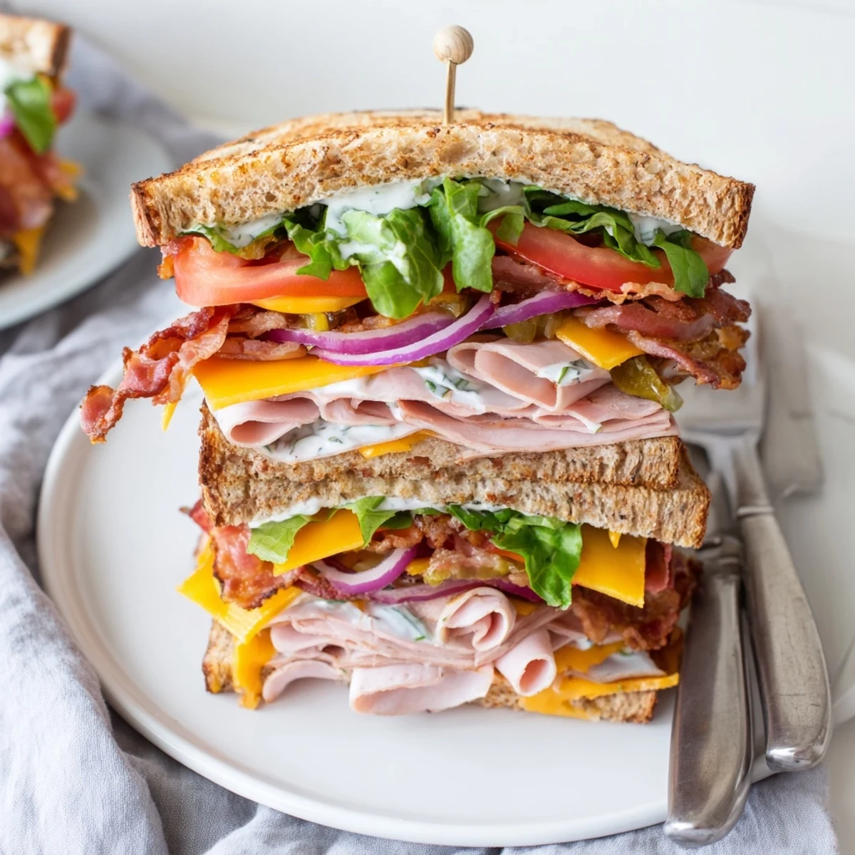 Ultimate turkey beef bacon ranch sandwich on a wooden board with lettuce tomato and creamy ranch dressing