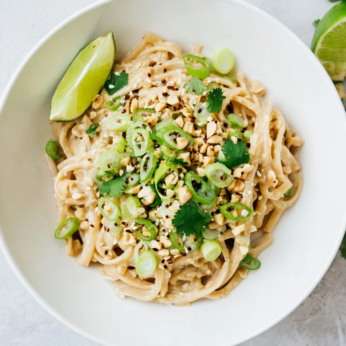 Glossy sticky peanut butter noodles coated in rich creamy sauce topped with chopped roasted peanuts