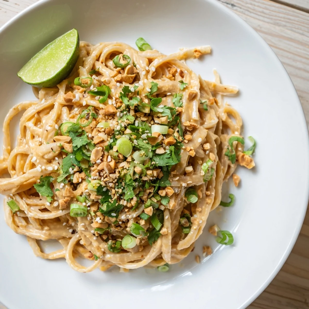 Twirled sticky peanut butter noodles drizzled with thick peanut sauce and sprinkled with cilantro
