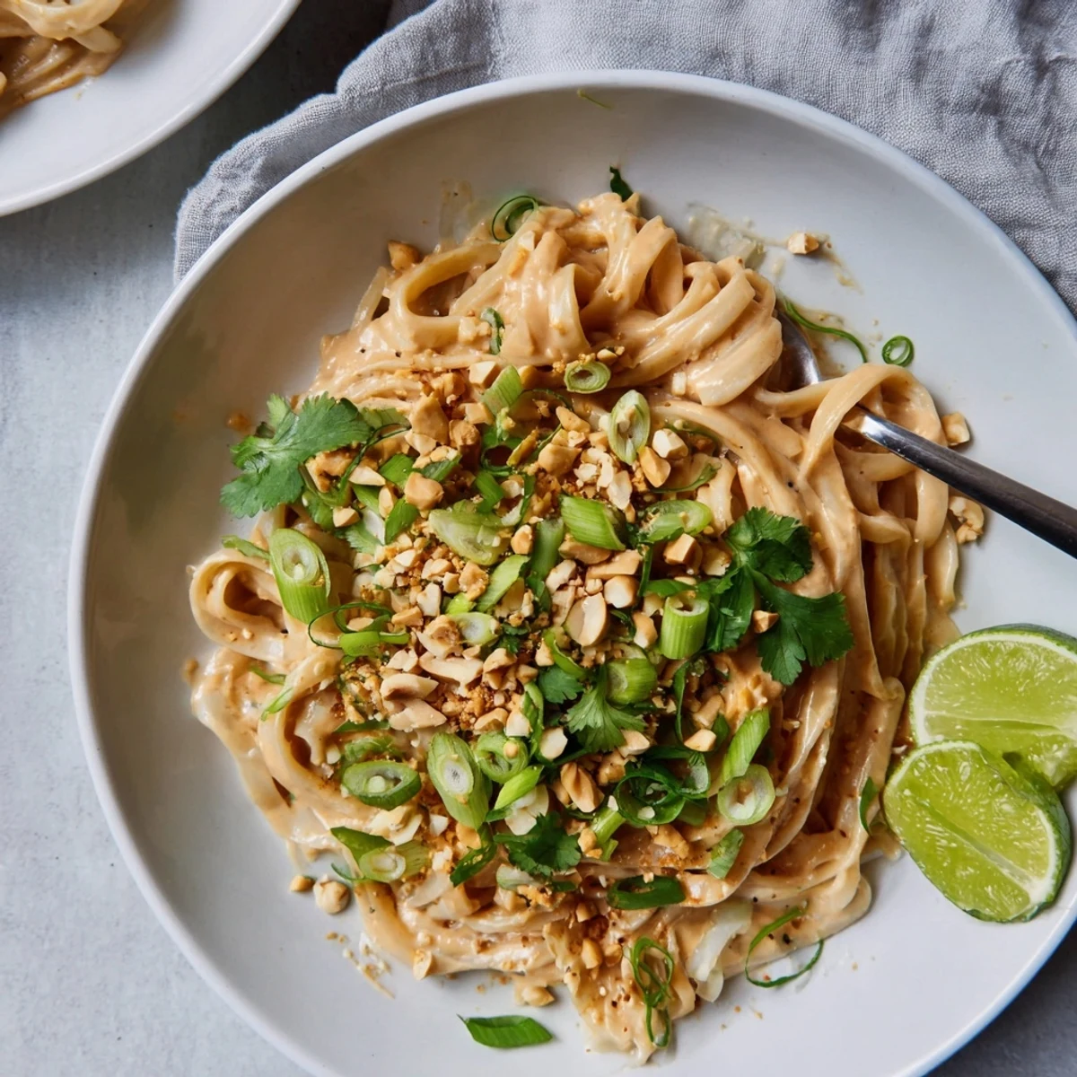 Steaming bowl of sticky peanut butter noodles garnished with fresh scallions and sesame seeds