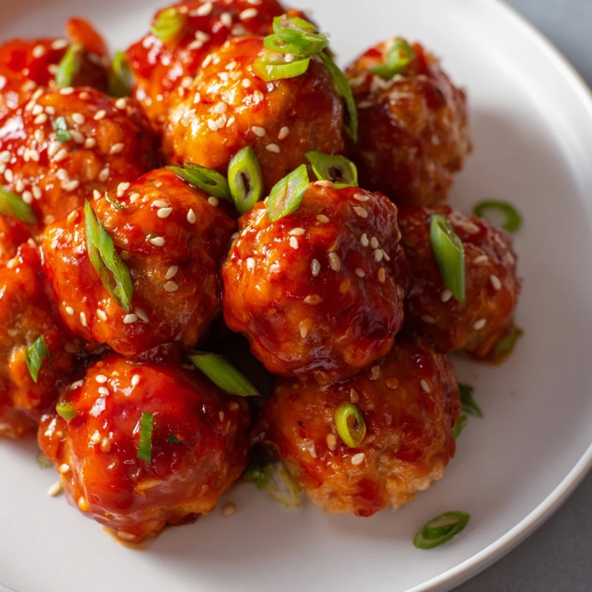 Golden firecracker chicken meatballs glazed in spicy sweet sauce with sesame seeds