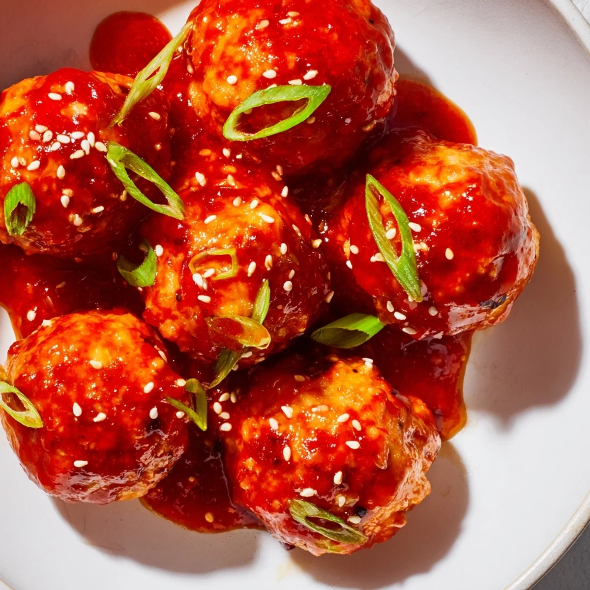 Juicy baked chicken meatballs tossed in tangy firecracker sauce and topped with green onions