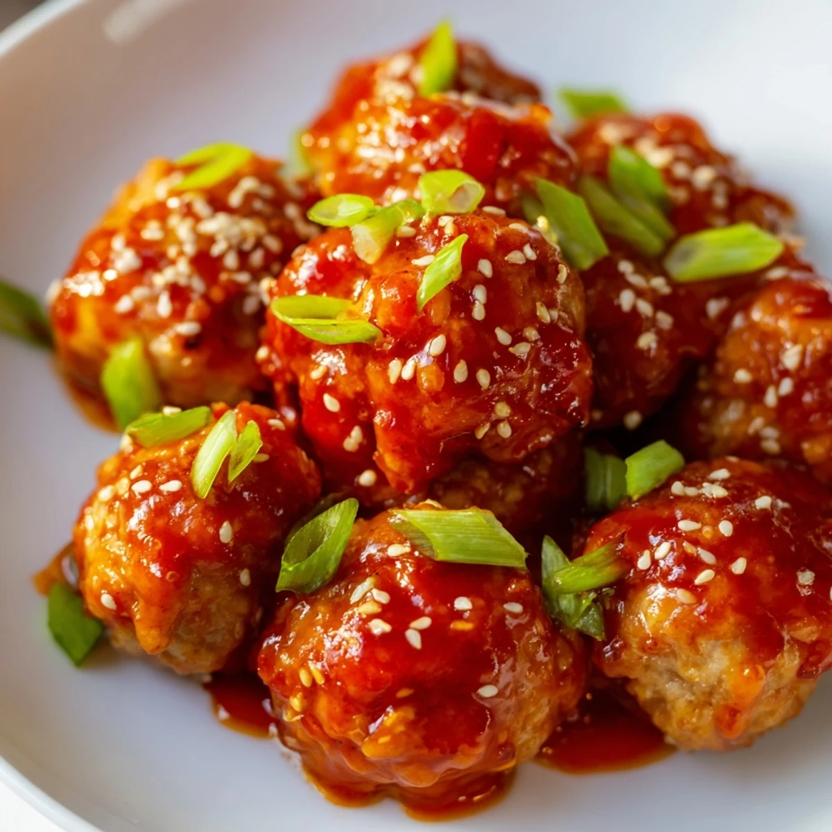Plate of firecracker chicken meatballs coated in glossy red sauce over white rice