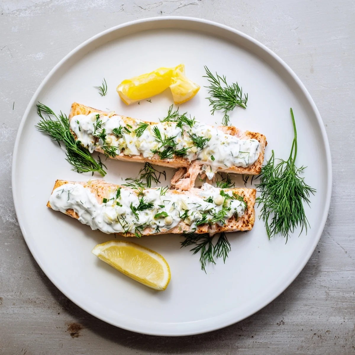 Golden oven-roasted Mediterranean salmon fillets topped with creamy lemon dill yogurt sauce