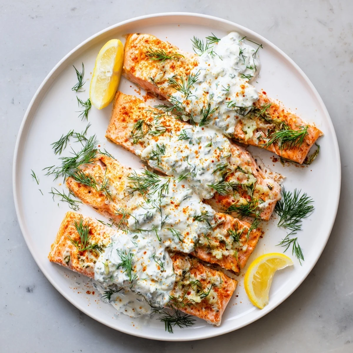 Healthy Mediterranean salmon with paprika crust served with tangy lemon dill yogurt sauce