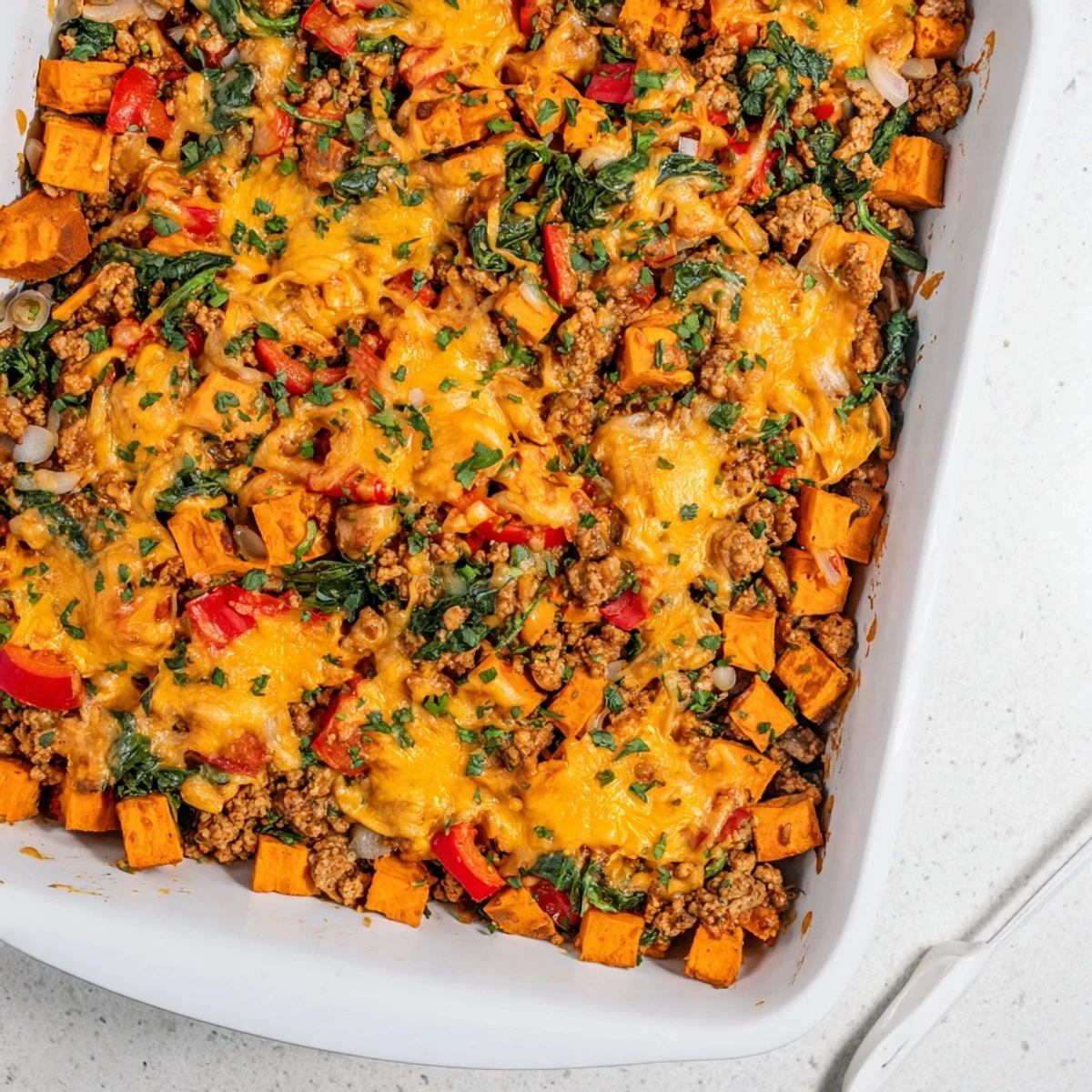 Hearty casserole dish featuring seasoned turkey and tender sweet potato cubes baked together