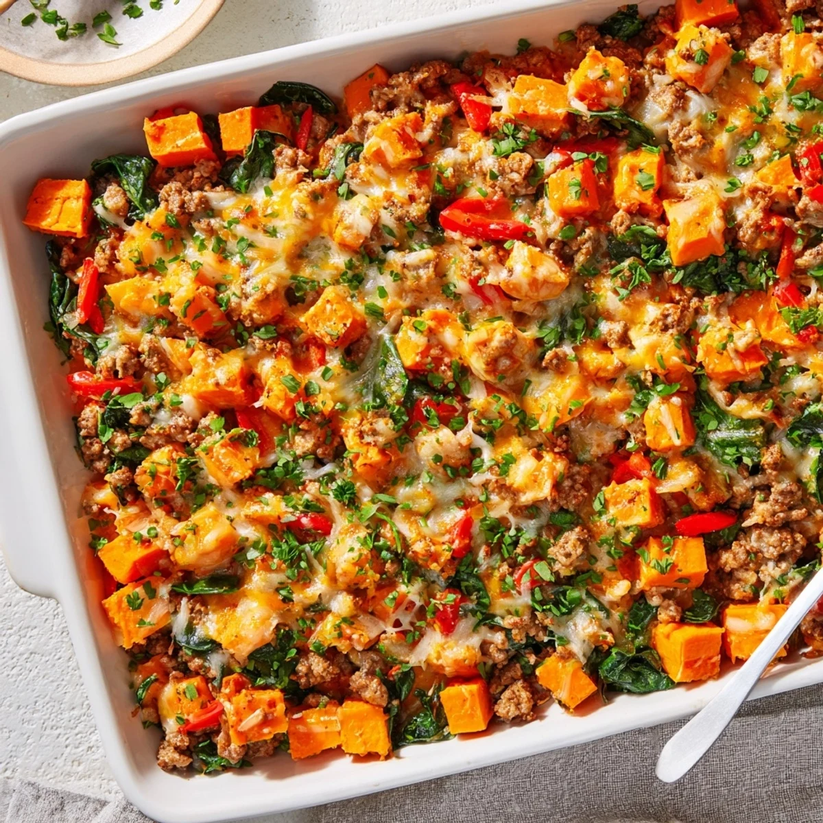 Golden bubbling savory ground turkey sweet potato bake with melted cheddar cheese topping