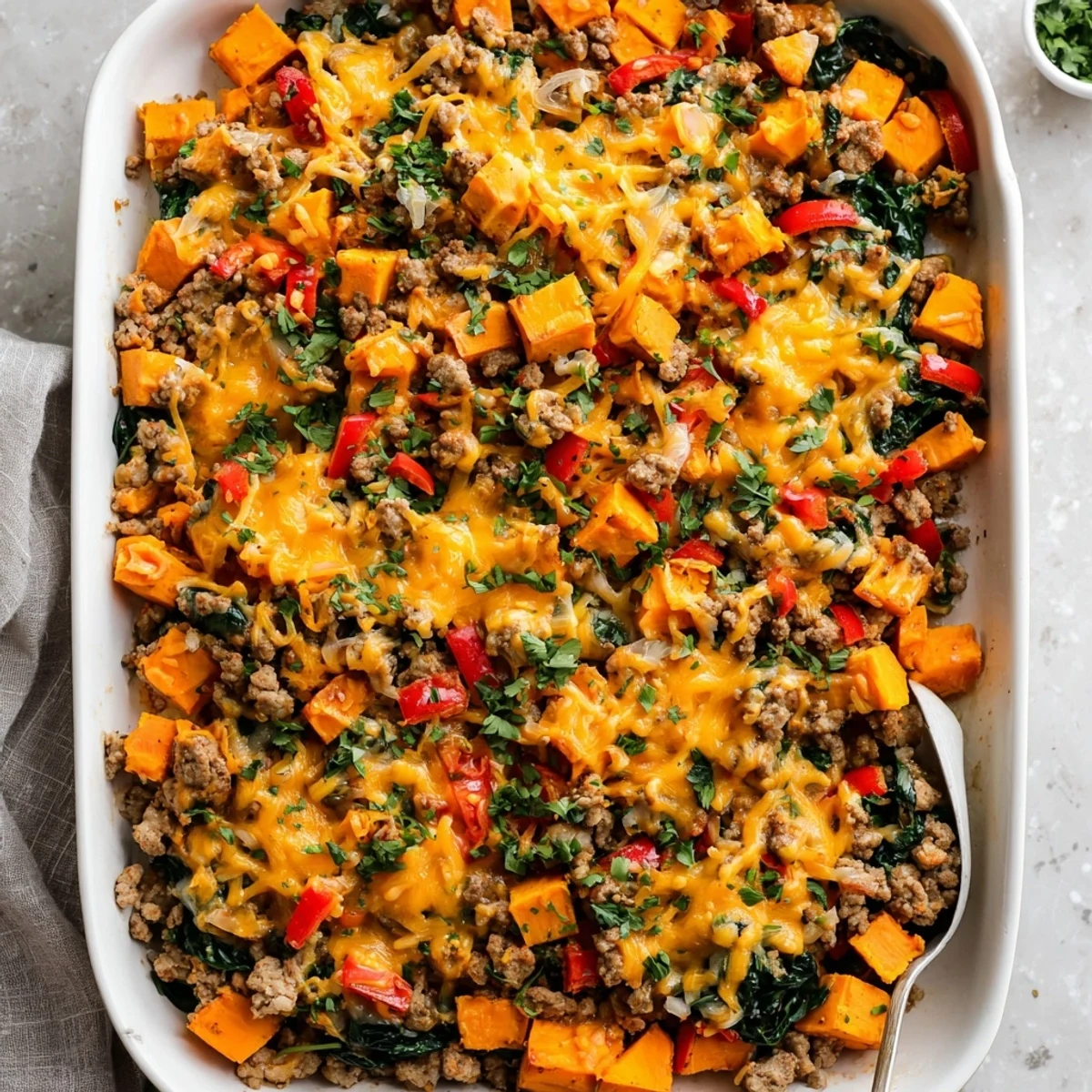 Comforting ground turkey sweet potato bake fresh from the oven with golden cheese layer