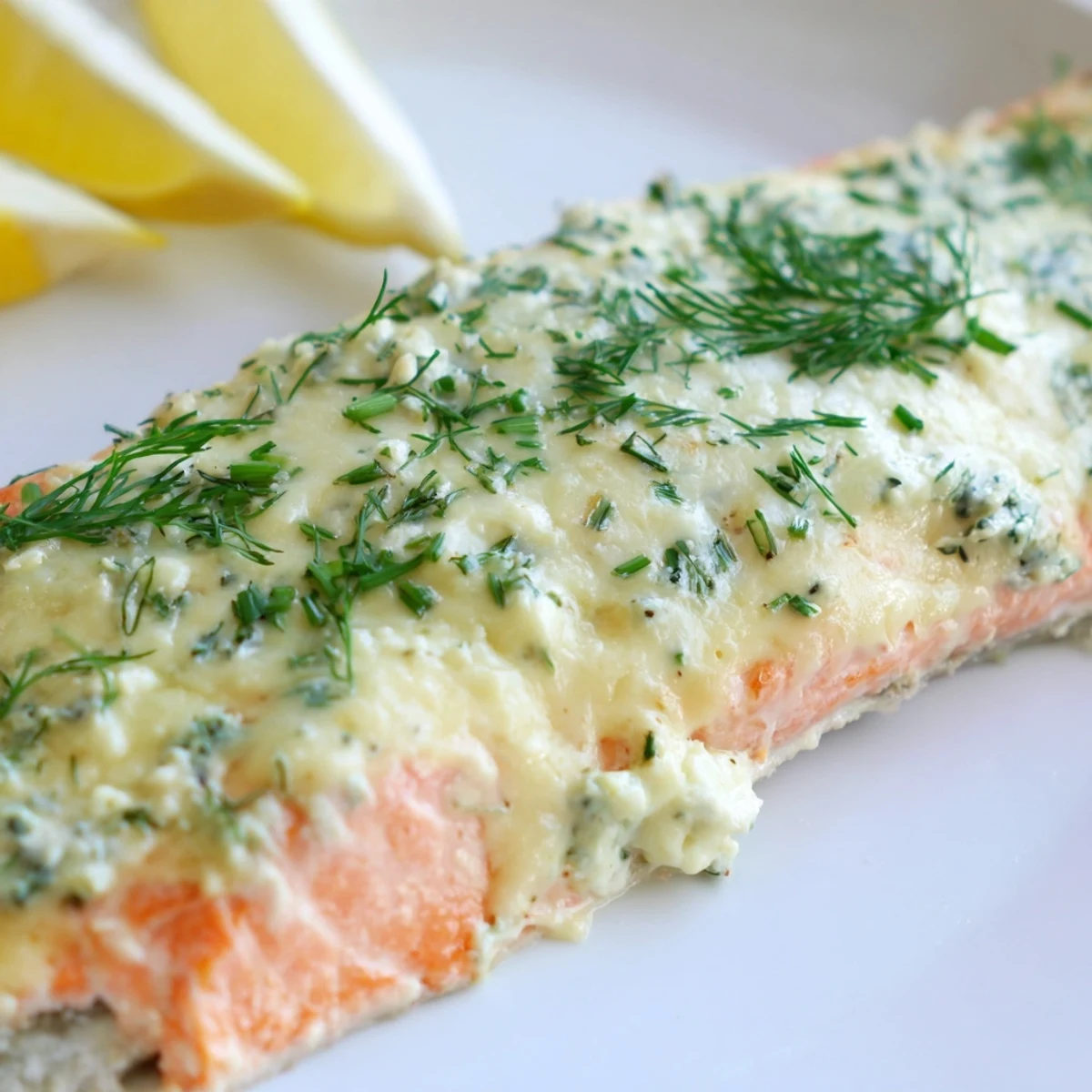 Golden baked Boursin salmon fillets topped with creamy herb cheese and fresh lemon slices