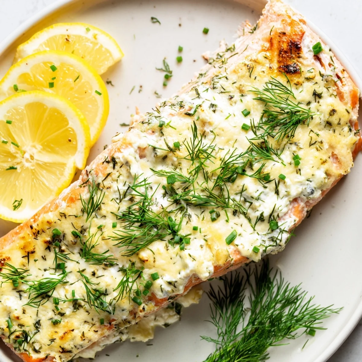 Creamy Boursin cheese melting over flaky baked salmon seasoned with herbs and black pepper
