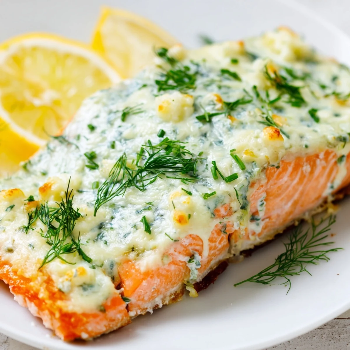 Oven-baked salmon with bubbly Boursin garlic herb topping and fresh chives on a white plate