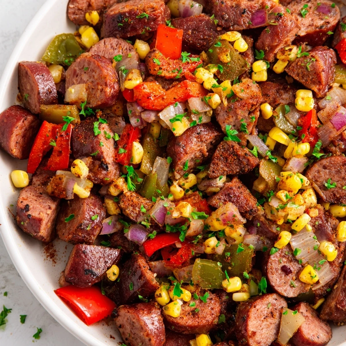 Sizzling Cajun corned beef and sausage skillet loaded with colorful bell peppers and sweet corn kernels