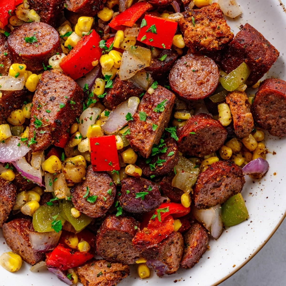 One-pan Cajun corned beef and sausage skillet featuring smoky andouille paired with tender beef strips