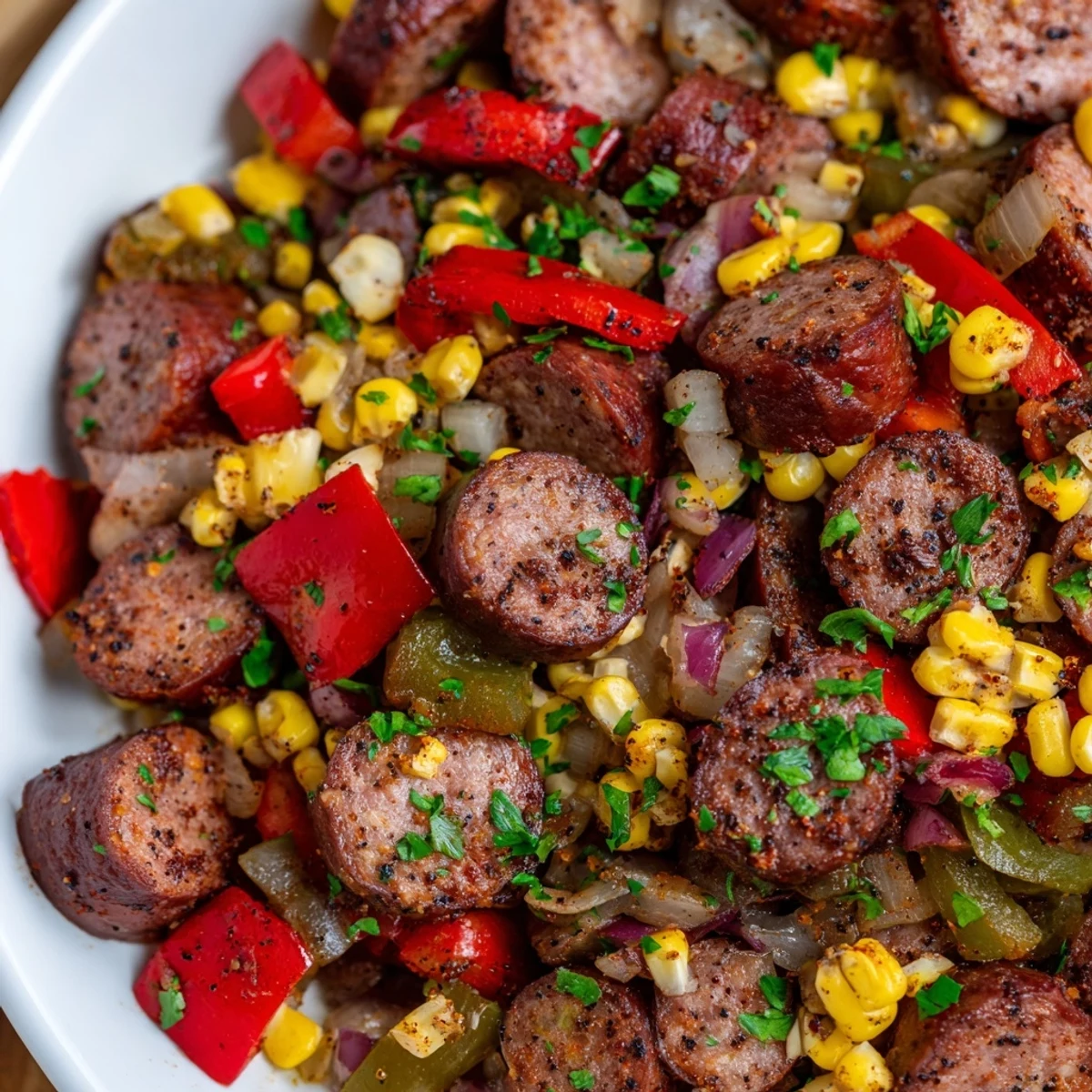 Hearty Cajun corned beef and sausage skillet served hot with fresh parsley garnish and diced vegetables
