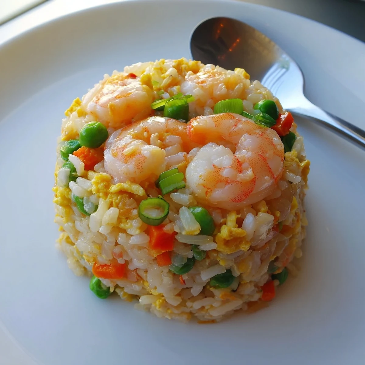 Savory authentic shrimp fried rice featuring fluffy jasmine rice with tender pink shrimp