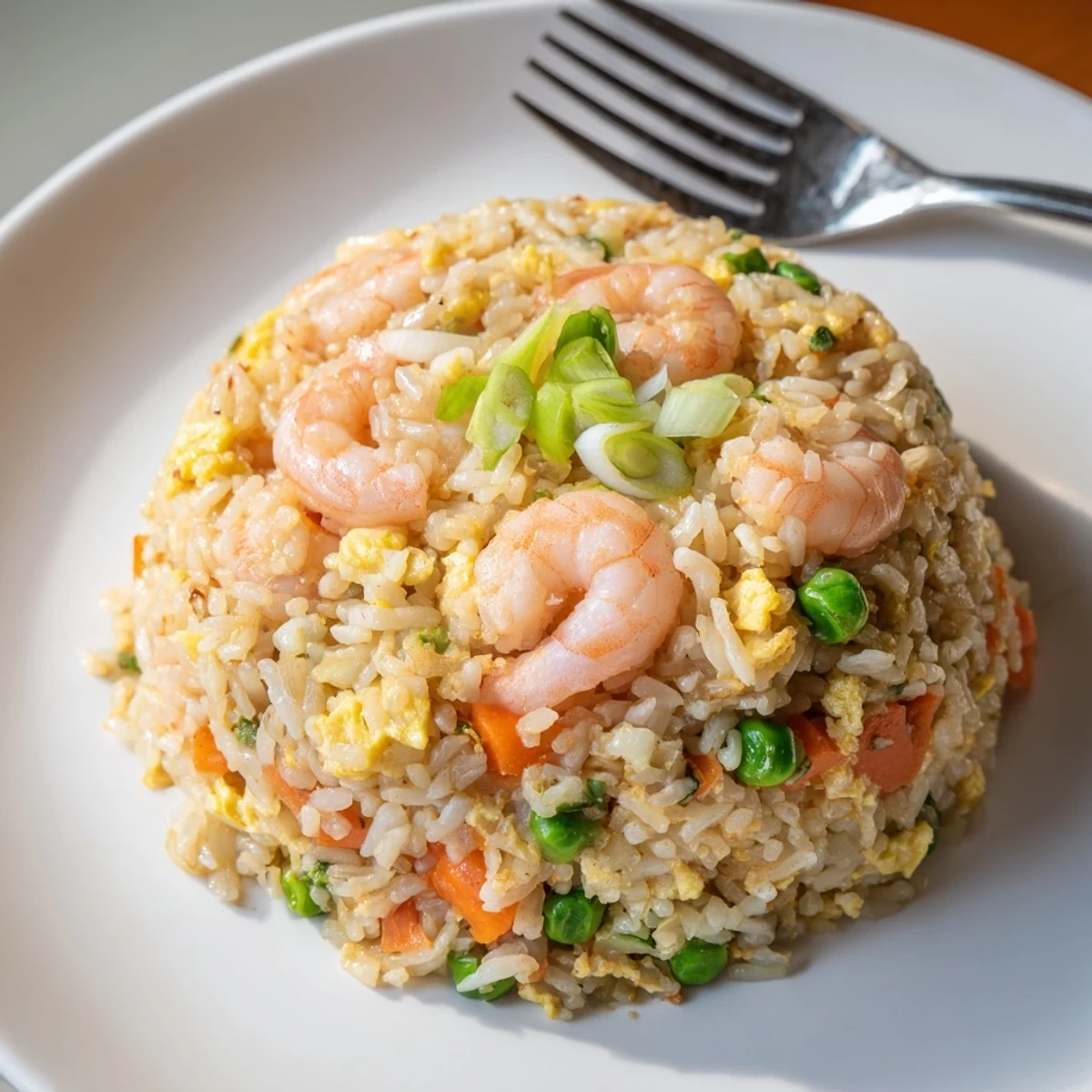 Steaming plate of authentic shrimp fried rice garnished with fresh green onion slices