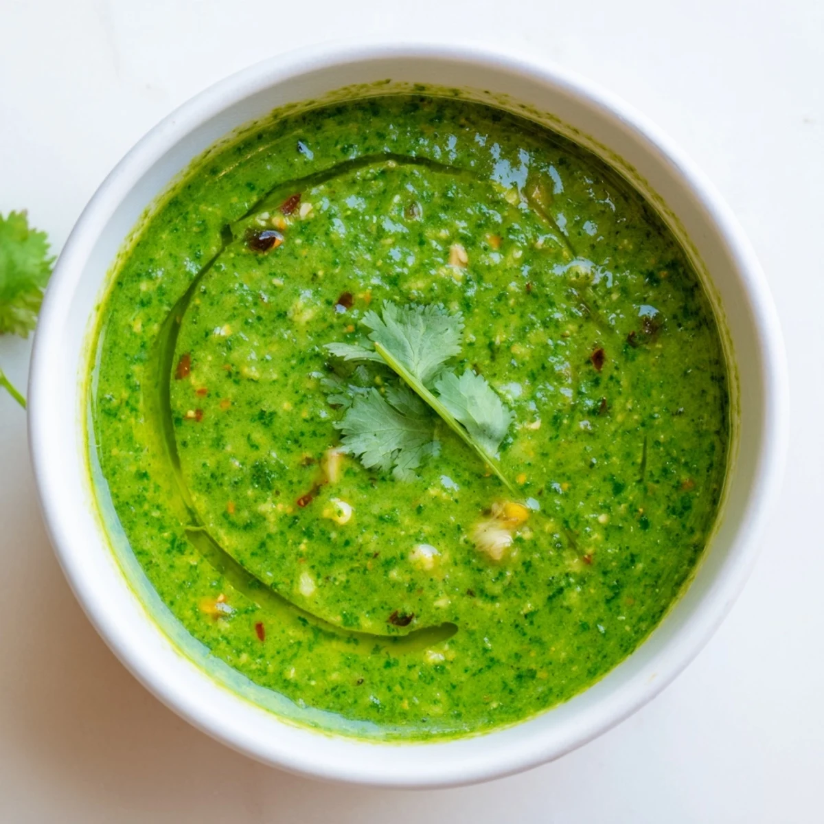 Creamy homemade Thai cilantro sauce in glass bowl topped with chopped cilantro leaves