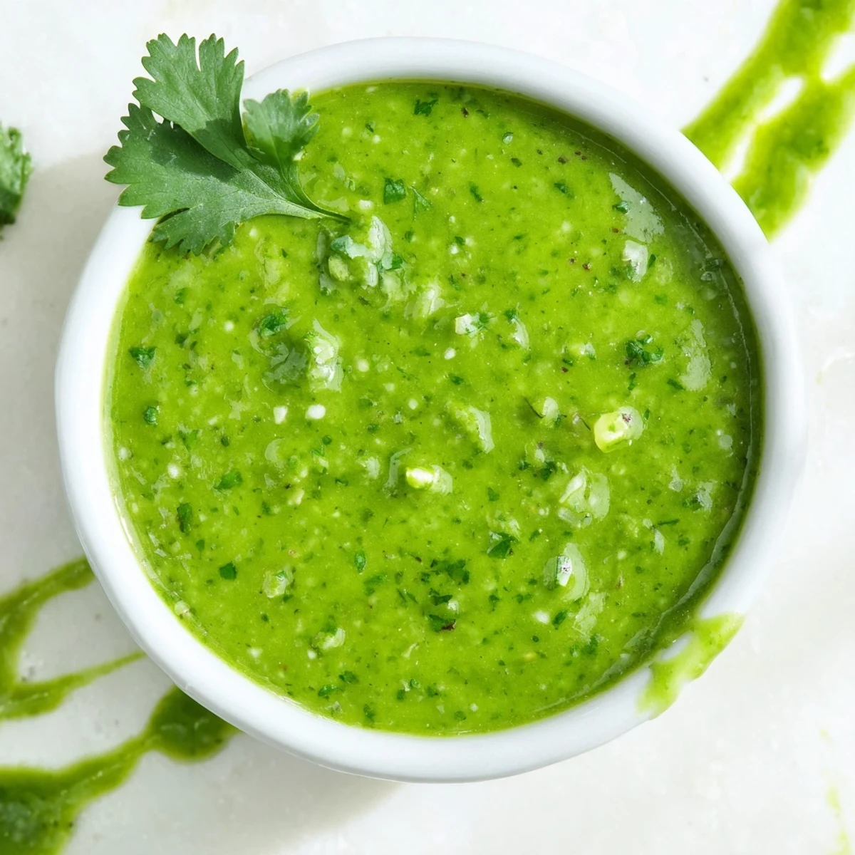 Glossy bright green Thai cilantro sauce drizzled over grilled chicken with fresh lime wedge garnish