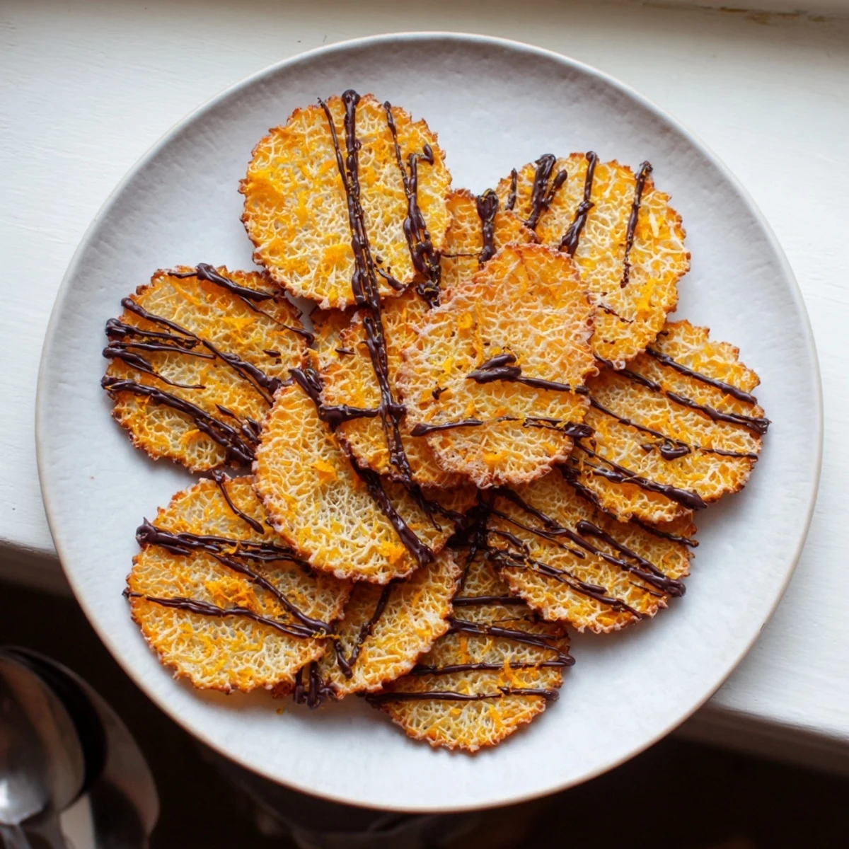 Golden orange lace cookies spread thin with delicate crispy edges on a parchment-lined baking sheet