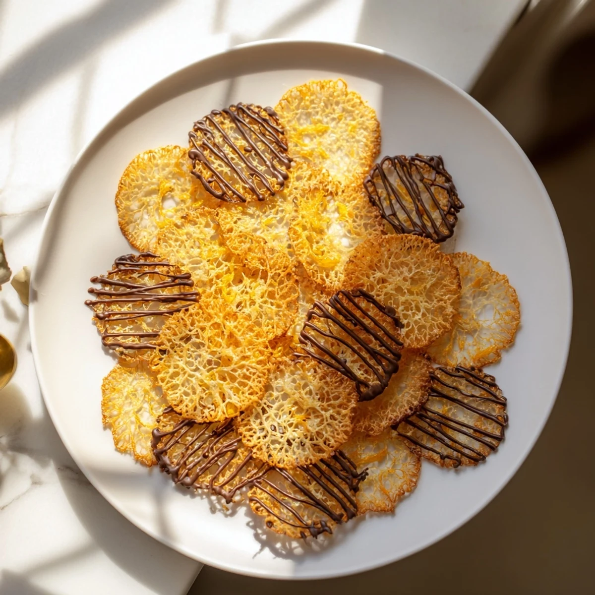 Close-up of translucent crispy orange lace cookies showing their intricate lacy pattern and golden brown edges