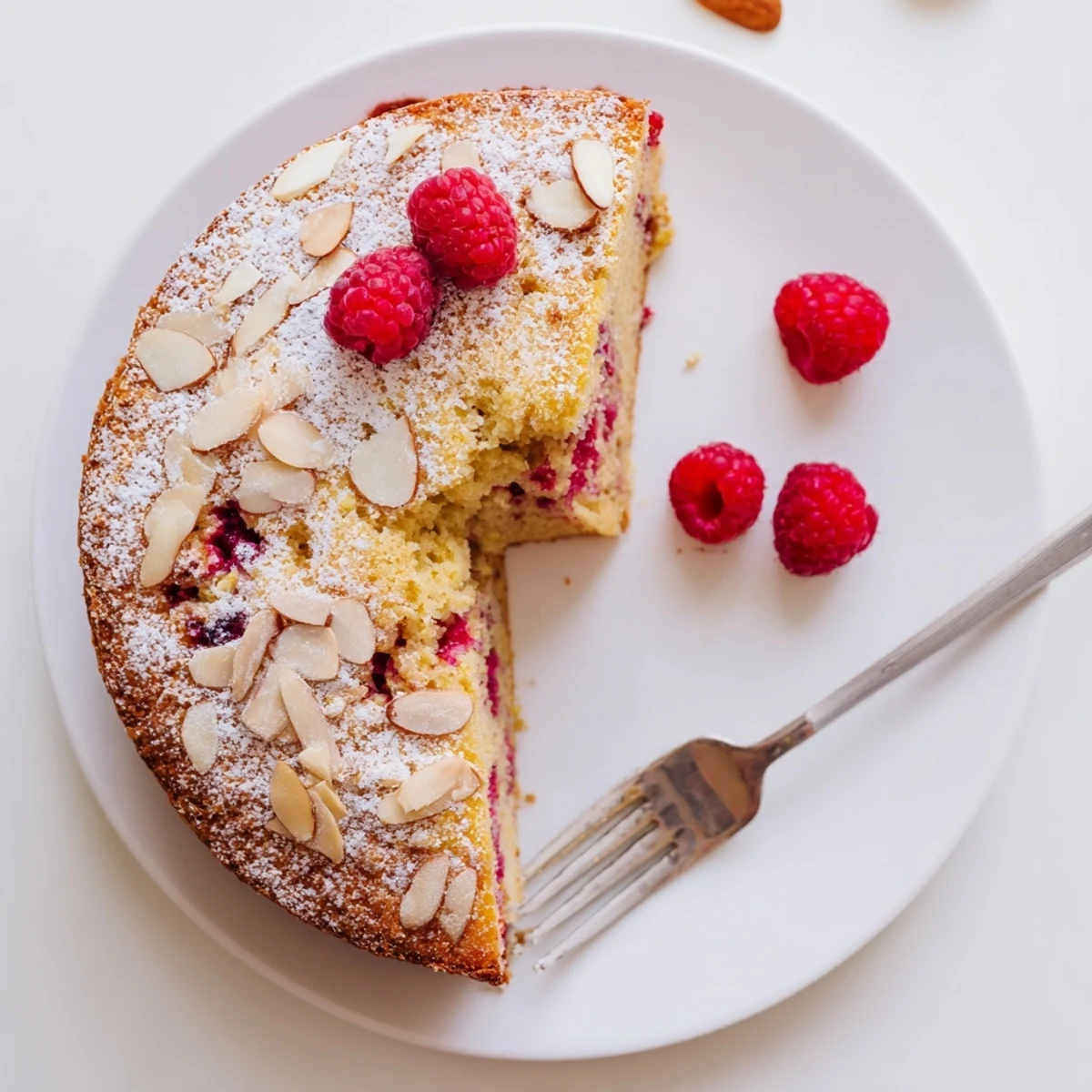 Golden almond raspberry cake sliced on a white plate with fresh berry garnish