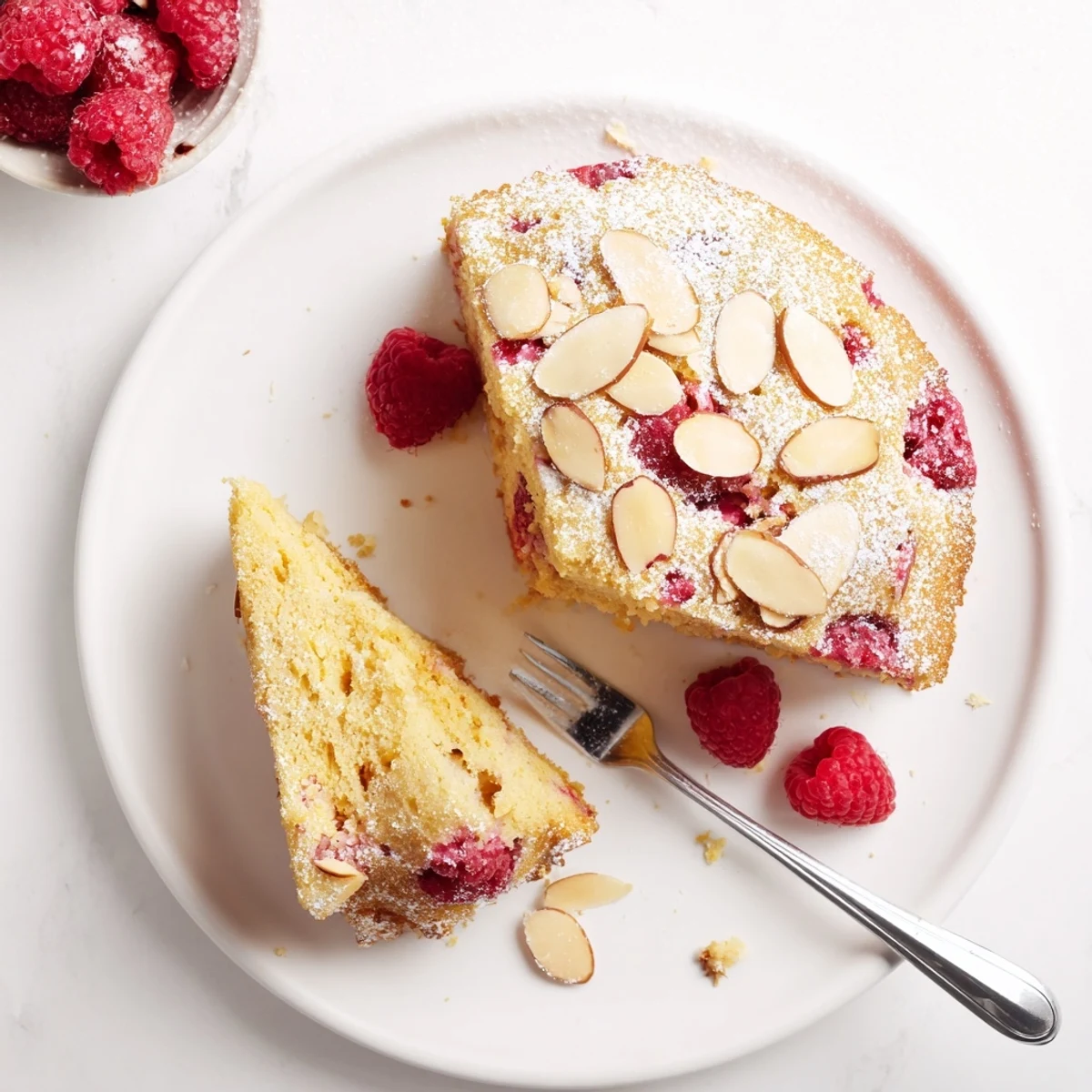 Moist almond raspberry cake topped with powdered sugar and whole fresh raspberries