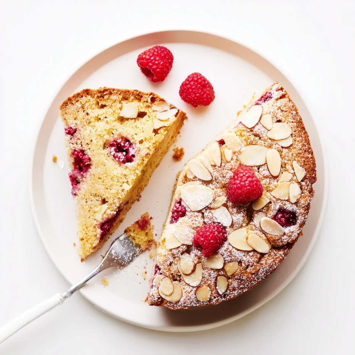 Homemade almond raspberry cake showing tender crumb with baked ruby red raspberries inside