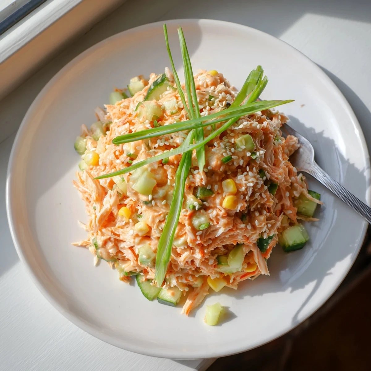 Colorful bowl of spicy kani salad with shredded crab, cucumber, and creamy sriracha dressing garnished with sesame seeds