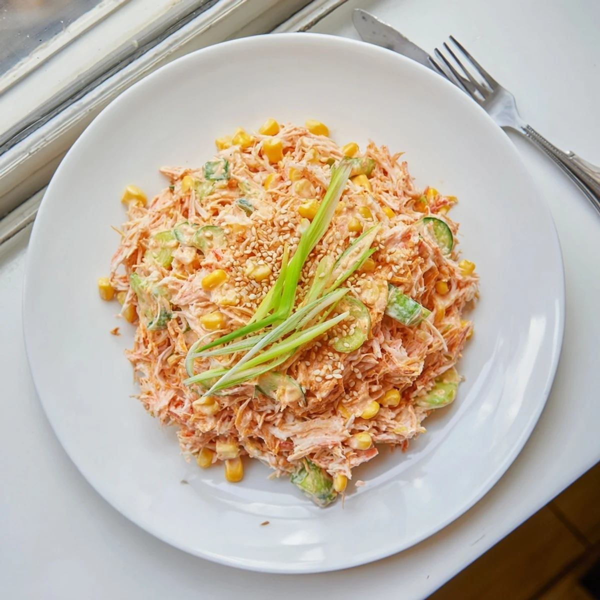 Fresh Japanese spicy kani salad featuring crisp julienned vegetables and imitation crab tossed in spicy mayonnaise