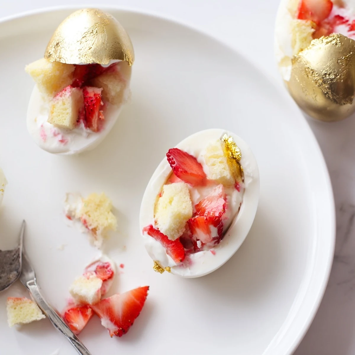 White chocolate Easter egg shell filled with fluffy strawberry shortcake cream and fresh diced strawberries