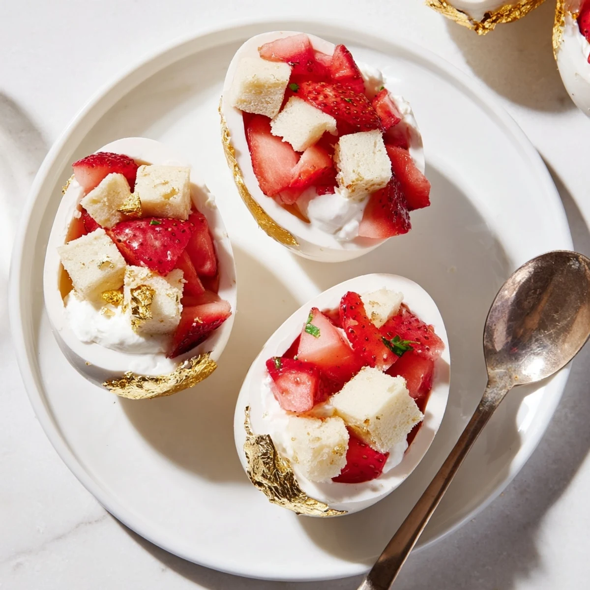 Festive strawberry shortcake Easter egg bombs nestled on white plate with gold leaf decoration