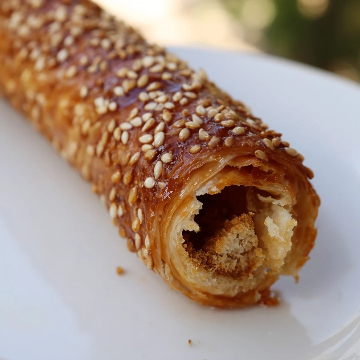 Golden Moroccan honey almond cigars arranged on a serving plate with toasted sesame seed topping